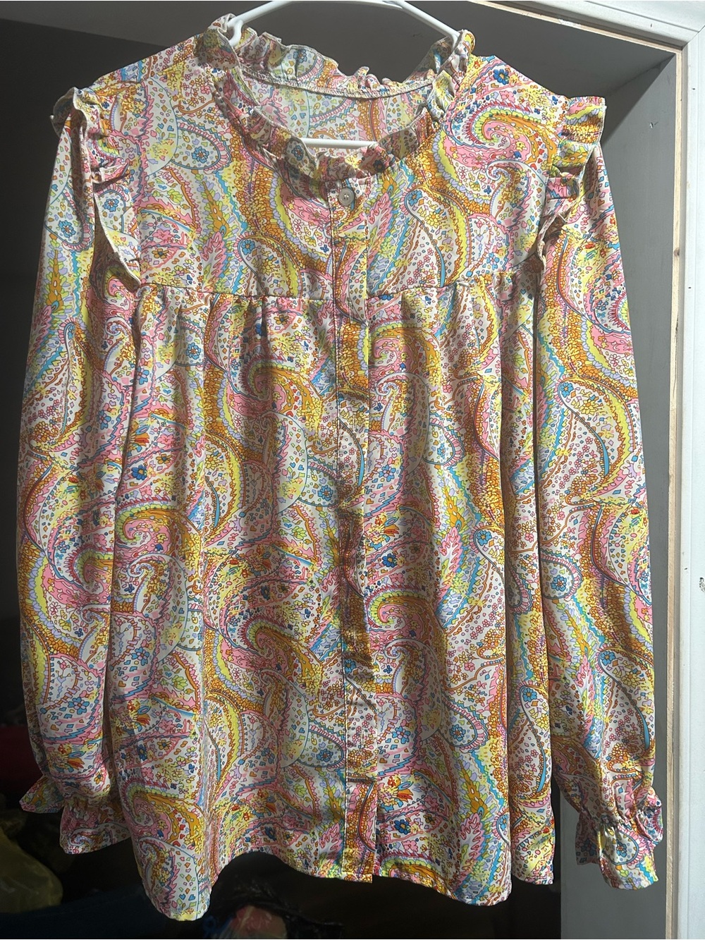 Paisley Ruffle Neck Long Sleeve Blouse - Multicolor